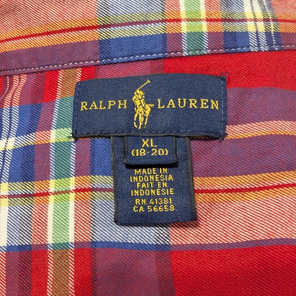 Ralph Lauren‎ Pony Boy's Button Up Plaid Long Sleeve Dress Shirt M 18-20 Preppy